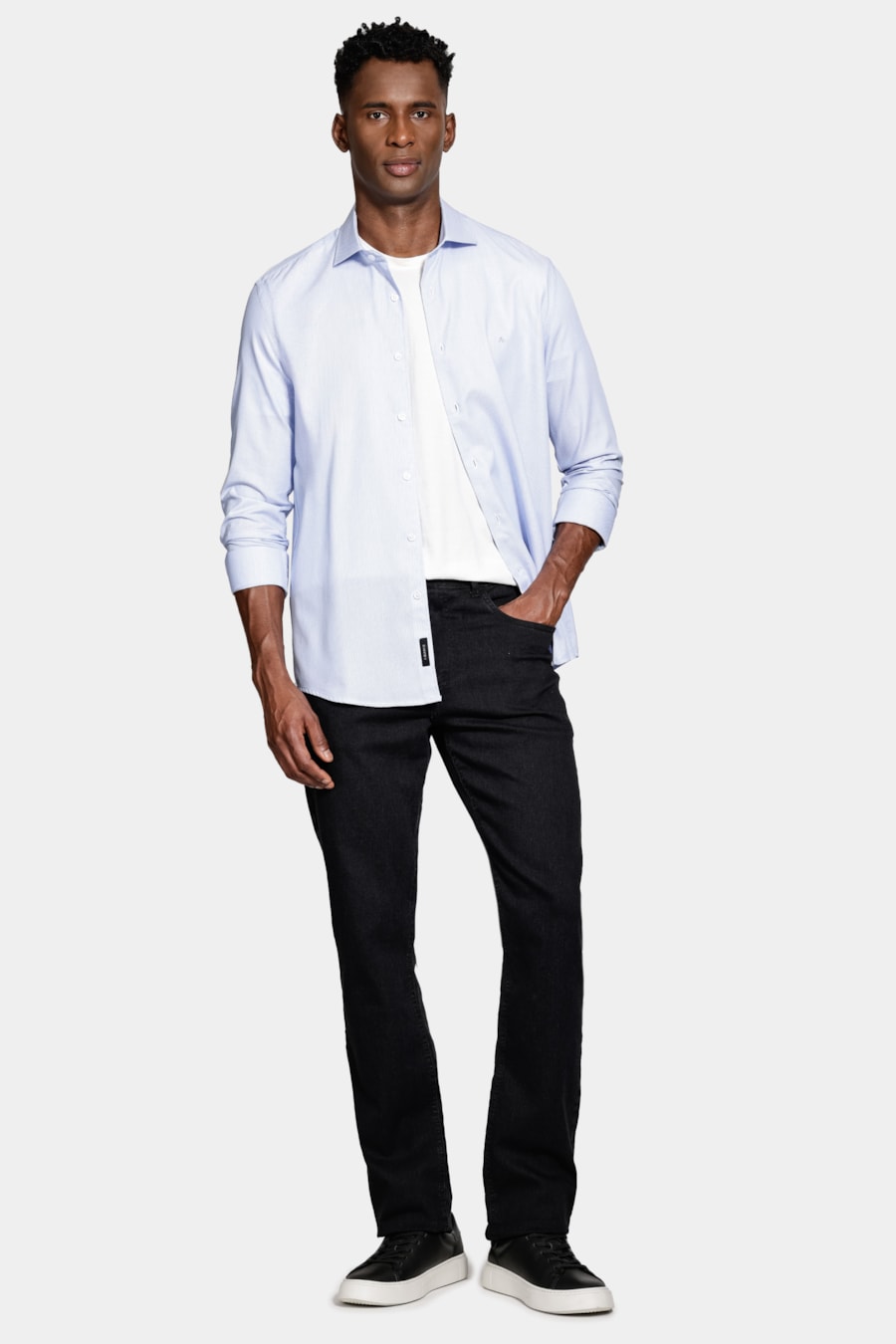 Camisa Slim Tricoline Maquinetada Manga Longa Azul Claro — foto 2 de 6