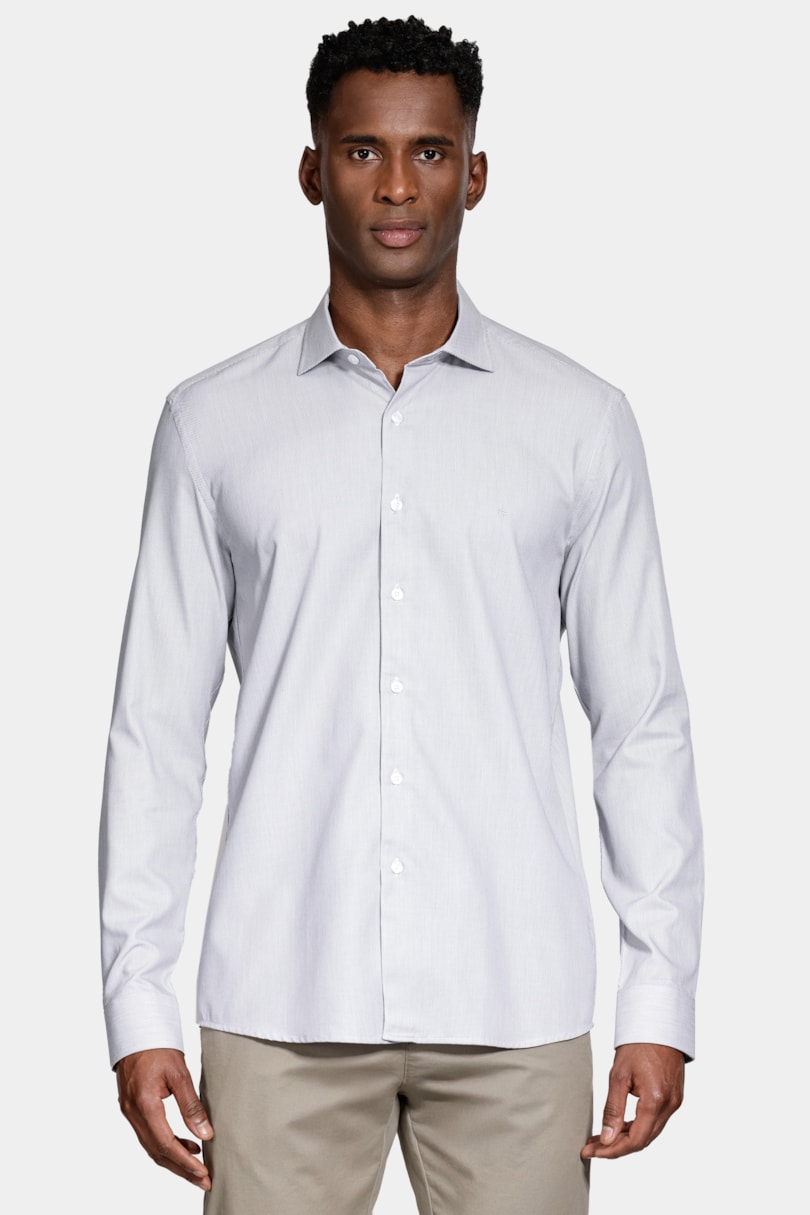 Camisa Slim Tricoline Maquinetada Manga Longa Cinza