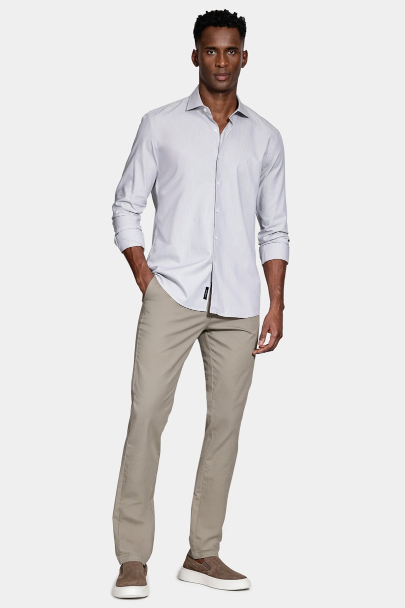 Camisa Slim Tricoline Maquinetada Manga Longa Cinza
