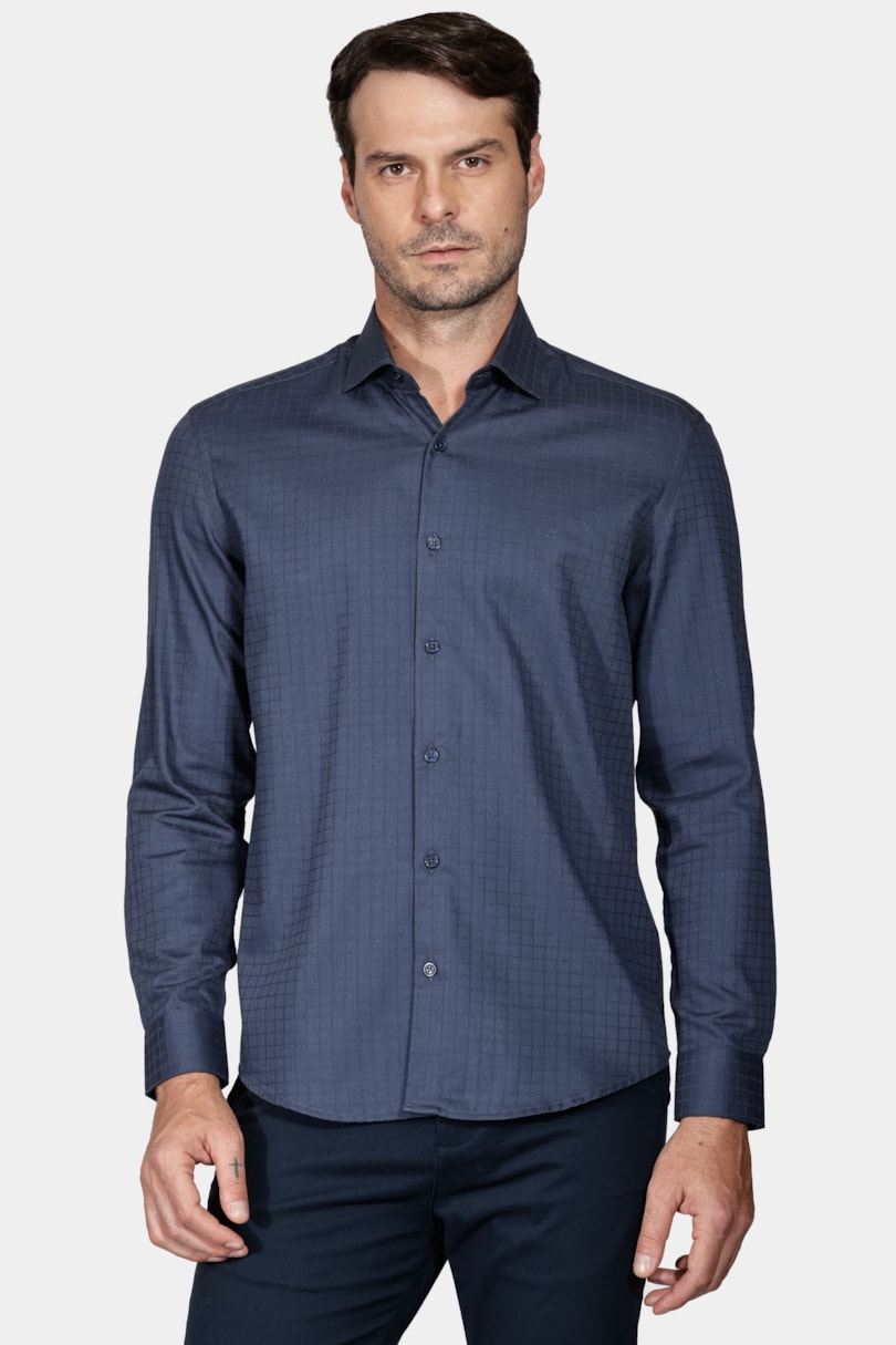 Camisa Slim Tricoline Maquinetada Marinho