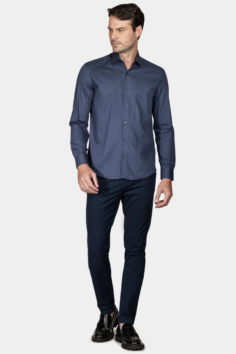 Camisa Slim Tricoline Maquinetada Marinho