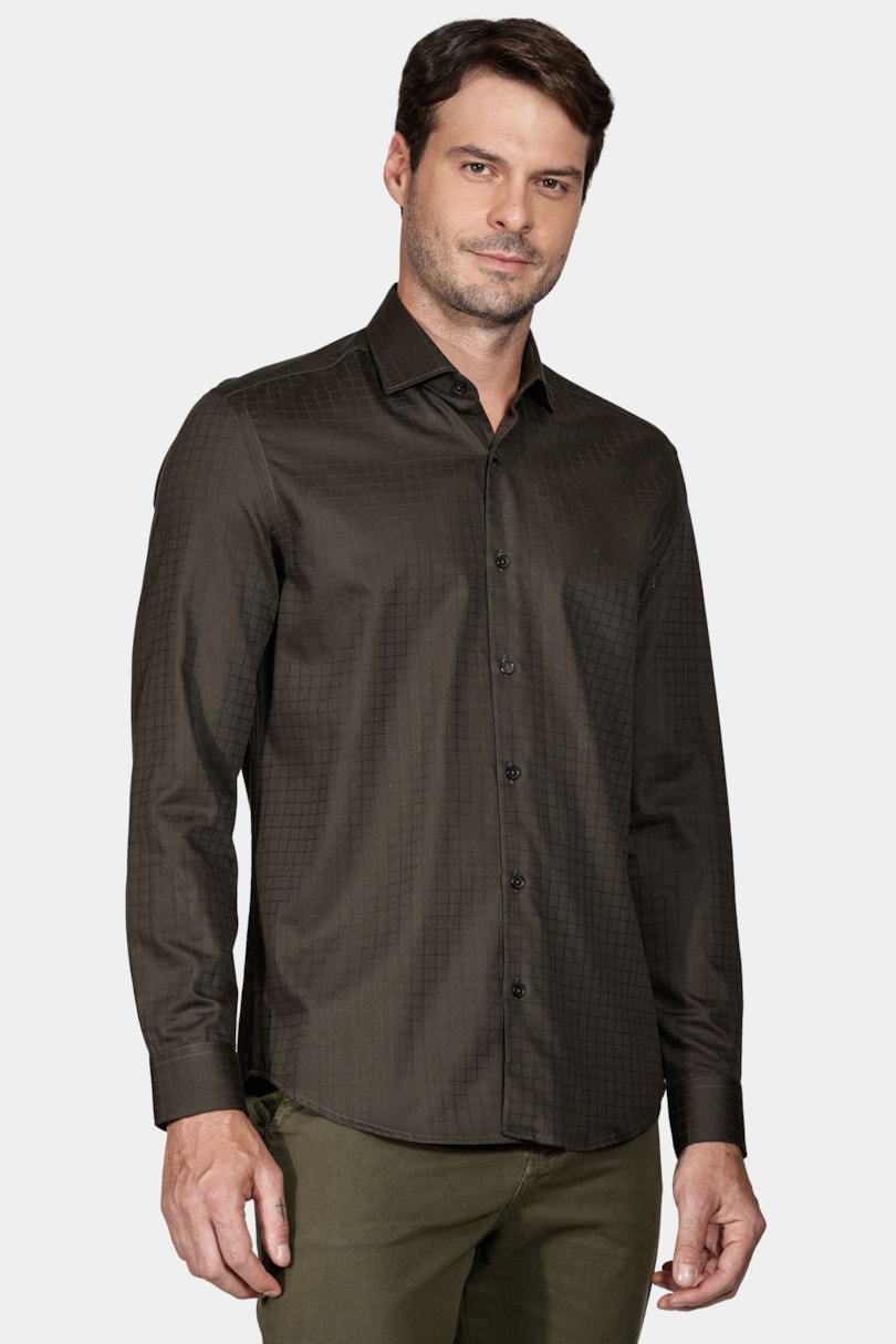 Camisa Slim Tricoline Maquinetada Verde Militar