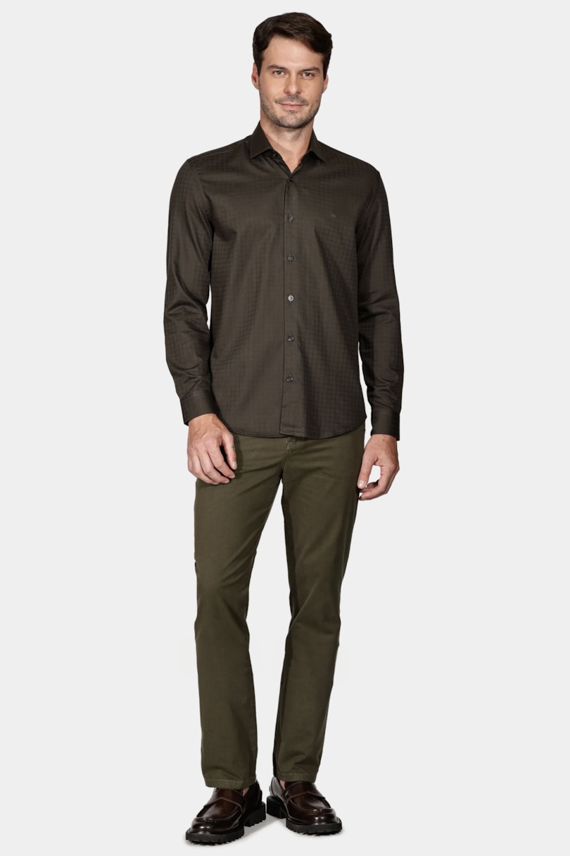 Camisa Slim Tricoline Maquinetada Verde Militar