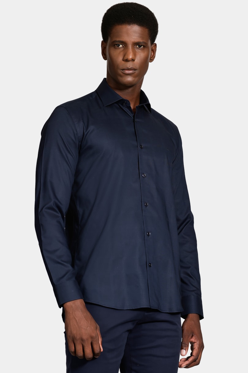 Camisa Slim Tricoline Maquinetada Xadrez Marinho