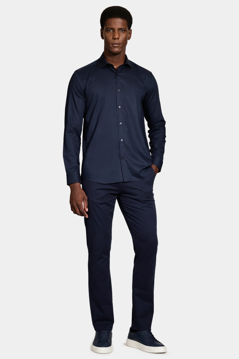Camisa Slim Tricoline Maquinetada Xadrez Marinho