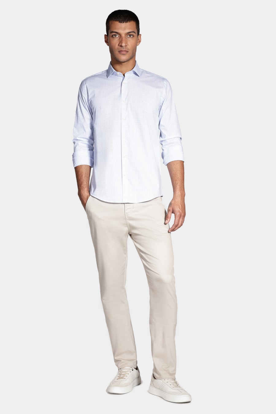Camisa Slim Xadrez Clássico Branco Com Azul — foto 2 de 6