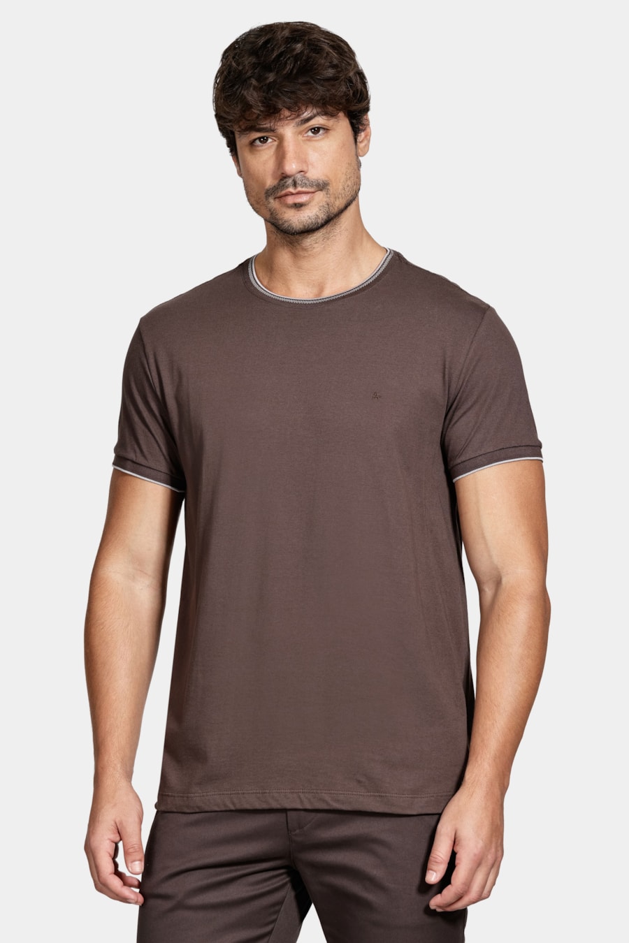 Camiseta Básica Friso na Gola Cafe C/ Cinza Claro — foto 1 de 5