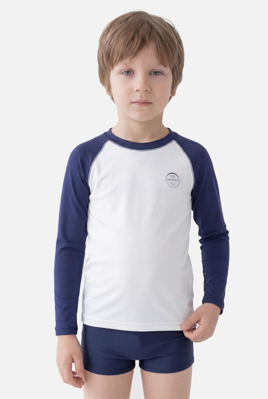 Camiseta Infantil Uv Raglan Contrastante Off White C/ Azul Indigo — foto 1 de 3
