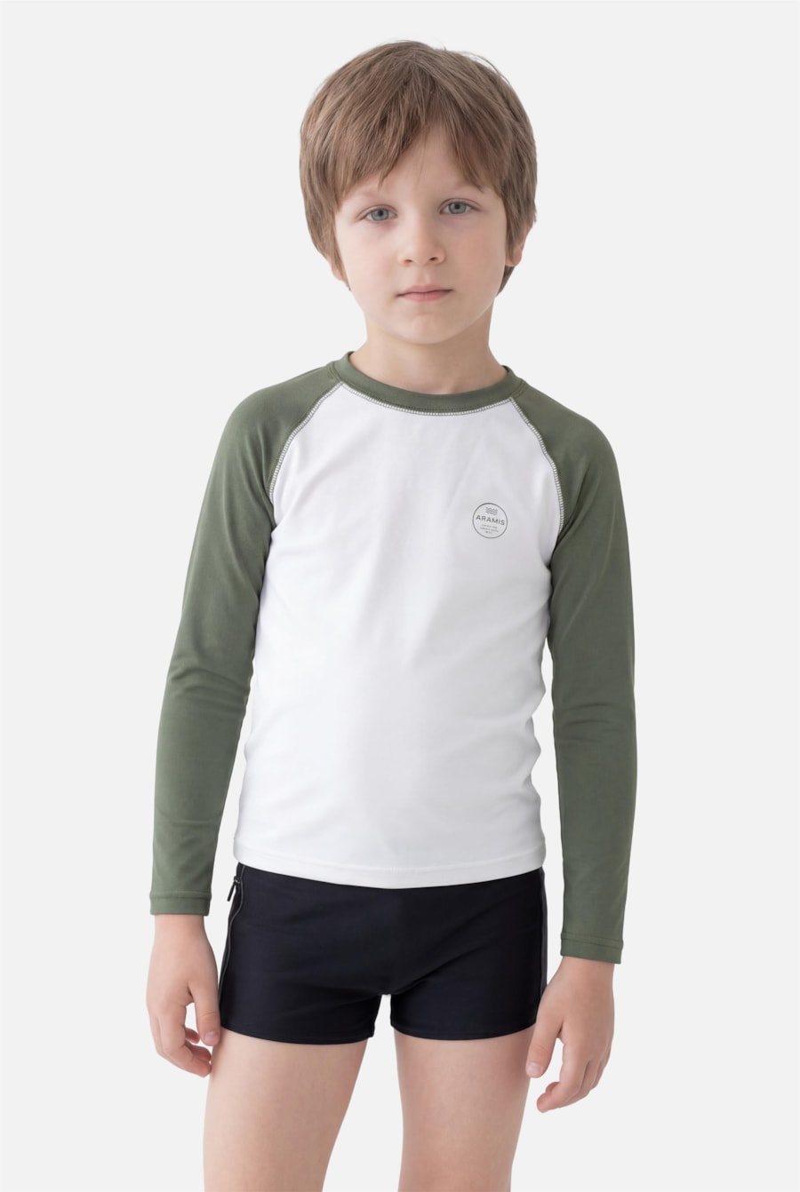 Camiseta Infantil Uv Raglan Contrastante Off White C/ Verde — foto 1 de 3