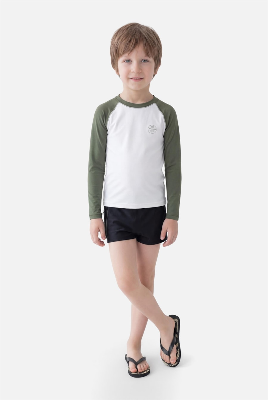 Camiseta Infantil Uv Raglan Contrastante Off White C/ Verde — foto 2 de 3