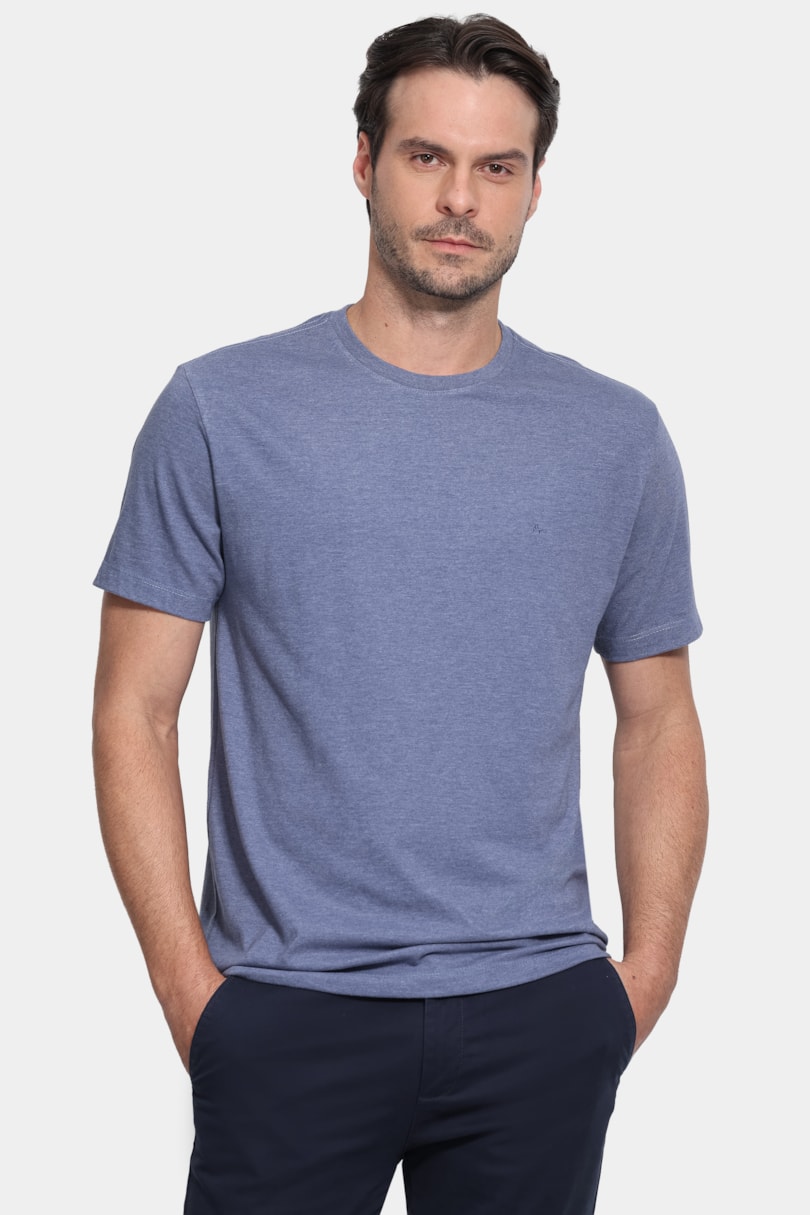 Camiseta Malha Mescla Manga Curta Básica Azul Jeans