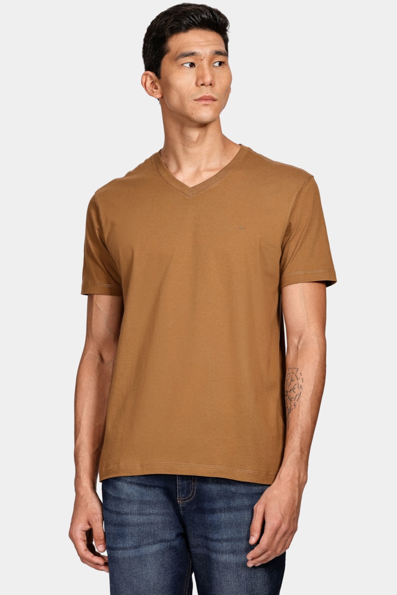 Camiseta  Manga Curta Básica Gola v Cáqui Mascavo