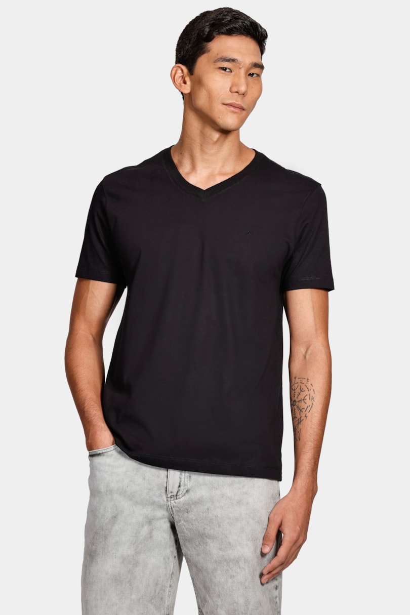 Camiseta  Manga Curta Básica Gola v Preto