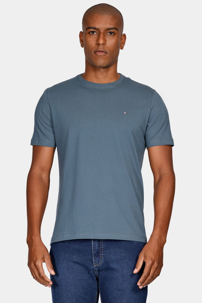 Camiseta Manga Curta Bordado Azul Escuro
