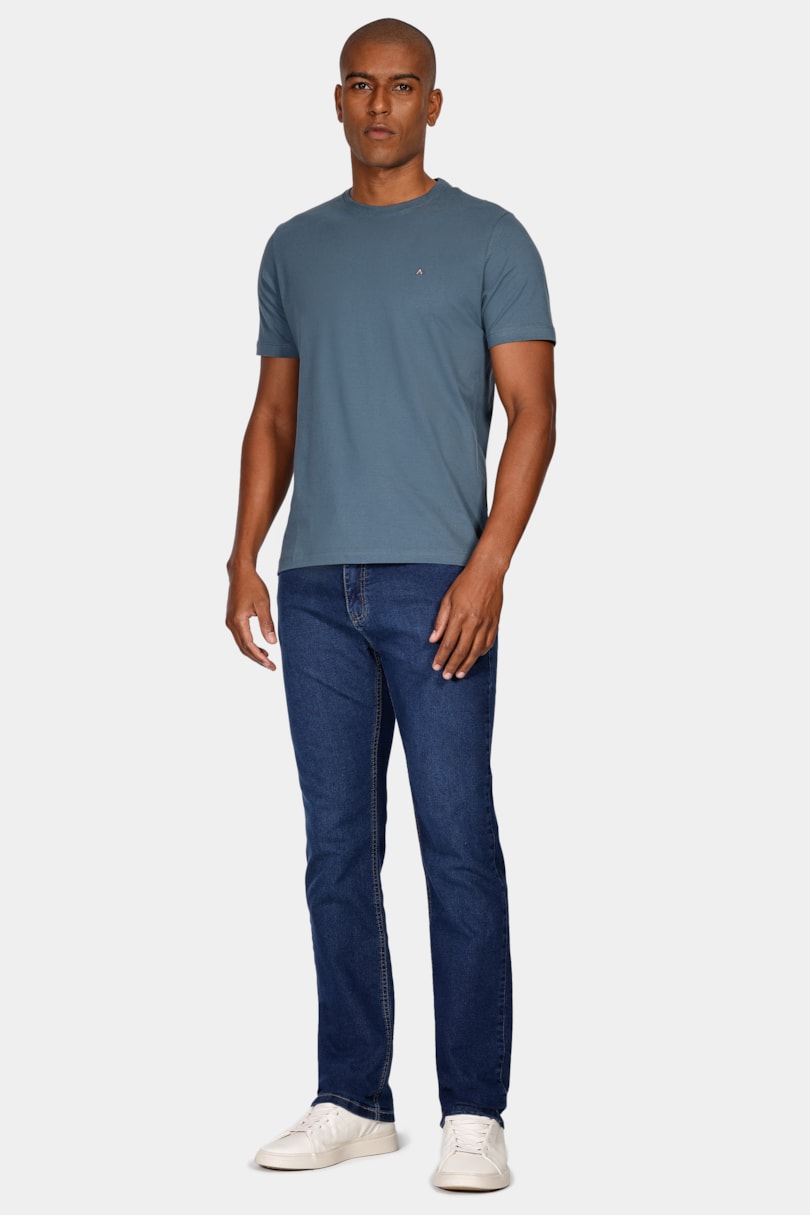 Camiseta Manga Curta Bordado Azul Escuro
