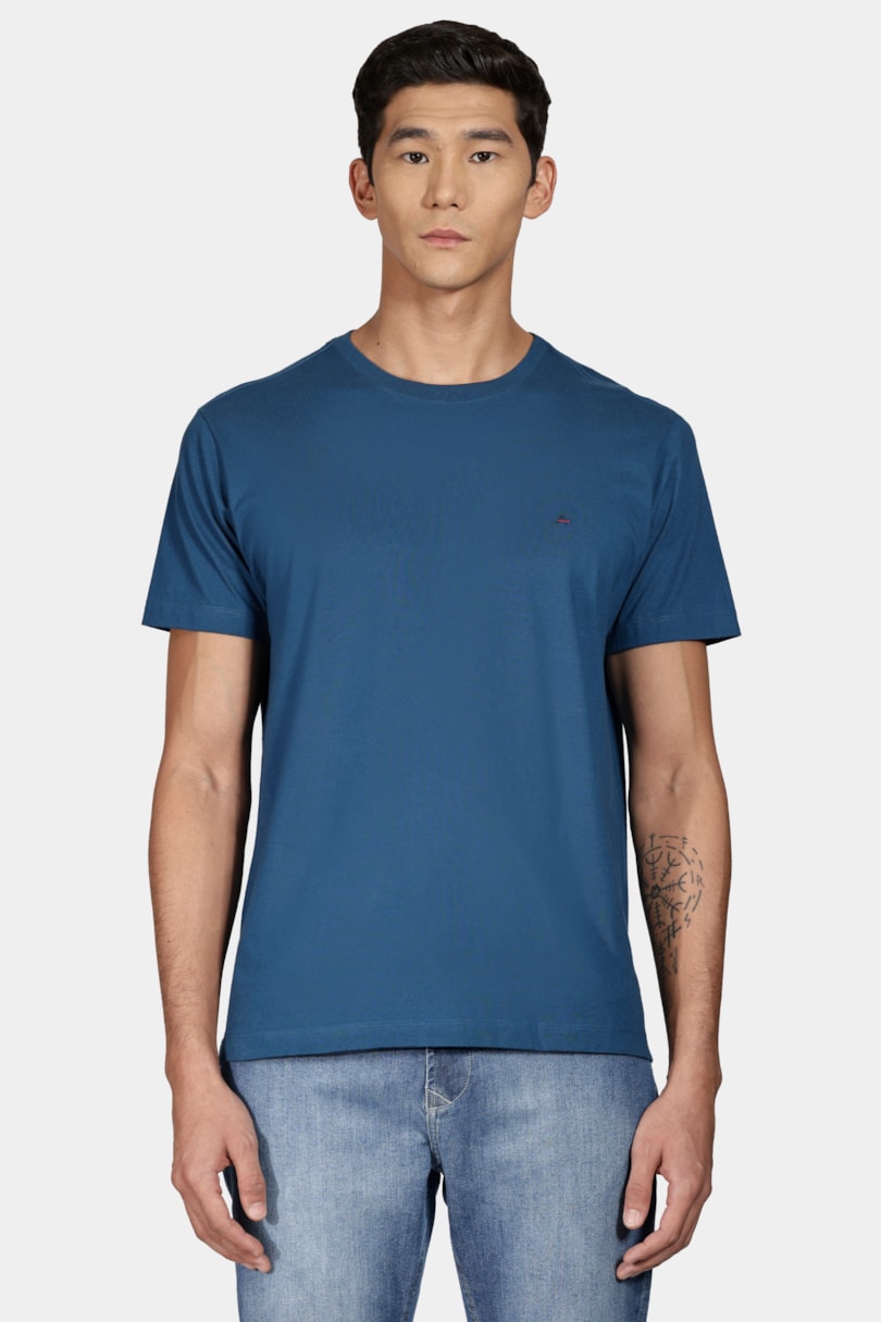 Camiseta Manga Curta Bordado Azul Petroleo