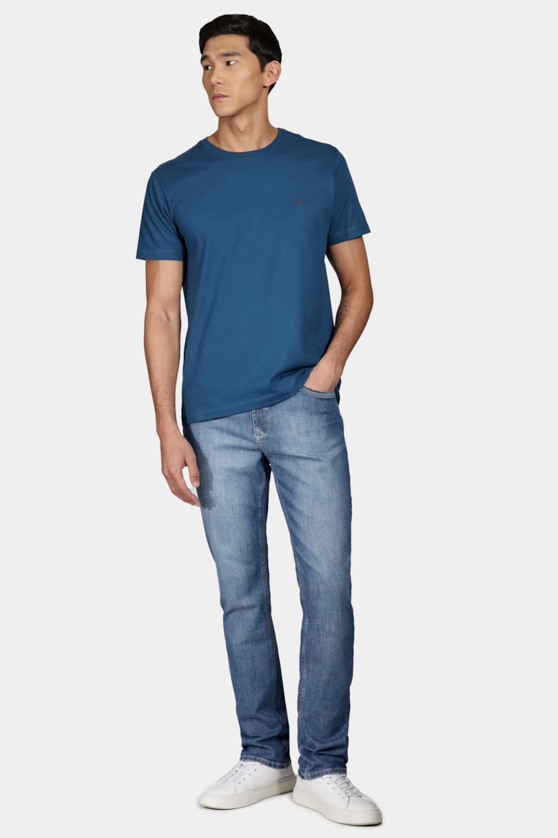 Camiseta Manga Curta Bordado Azul Petroleo