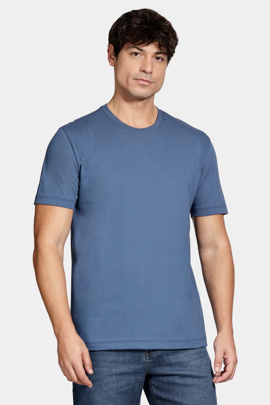 Camiseta Manga Curta Bordado Básica Azul Jeans — foto 1 de 5