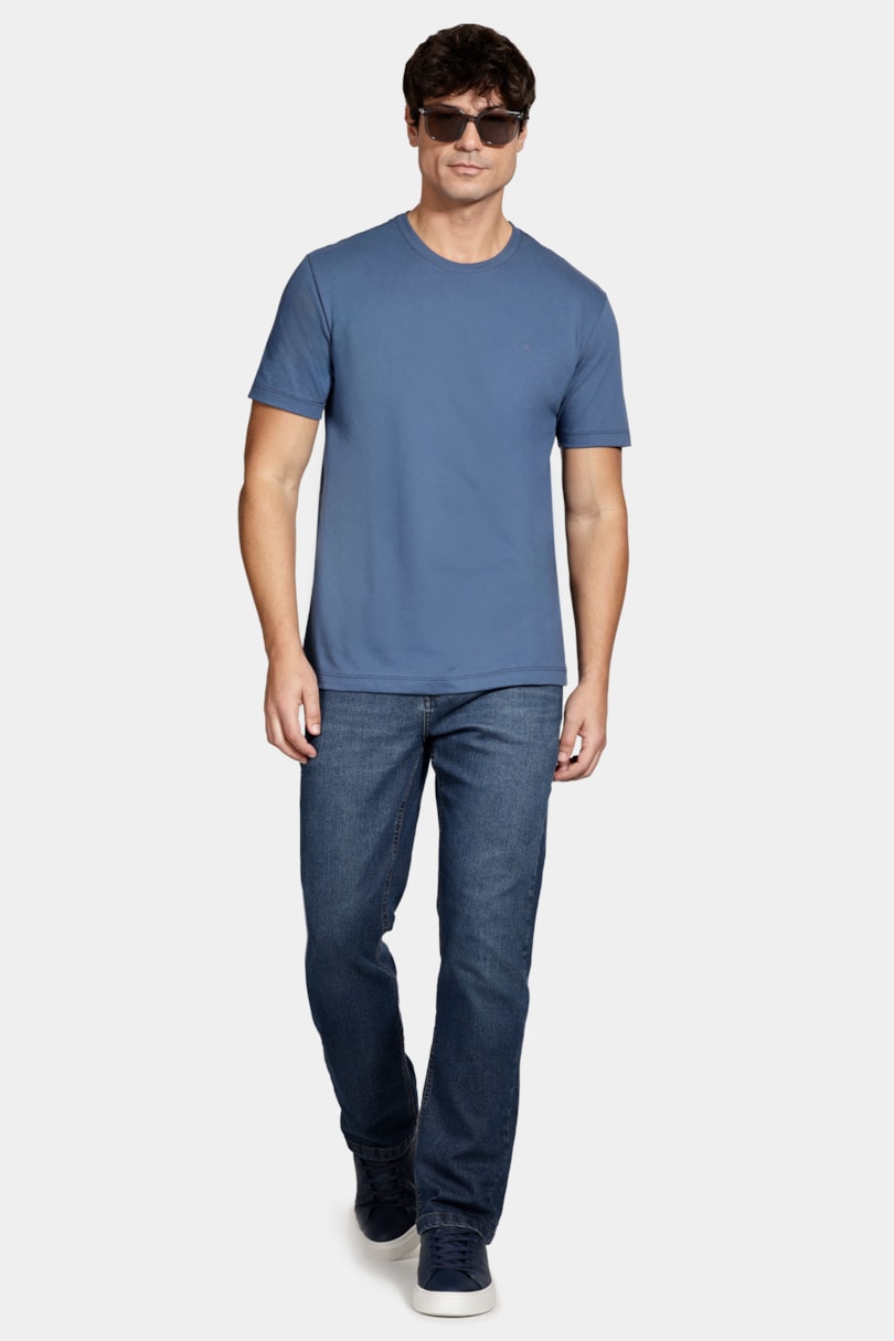 Camiseta Manga Curta Bordado Básica Azul Jeans