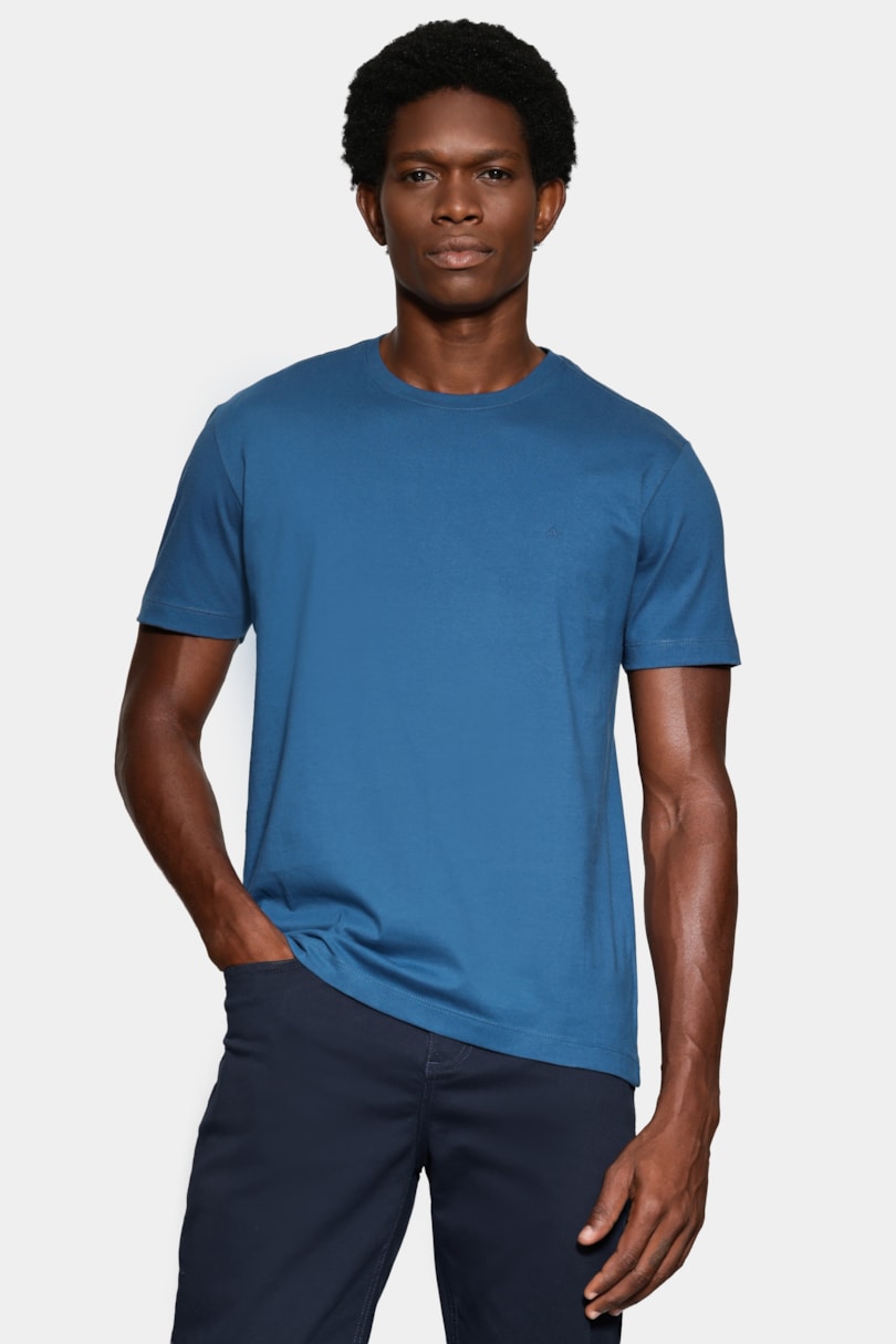 Camiseta Manga Curta Bordado Básica Azul Petroleo
