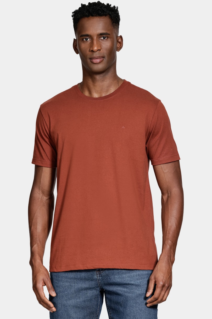 Camiseta Manga Curta Bordado Básica Tijolo