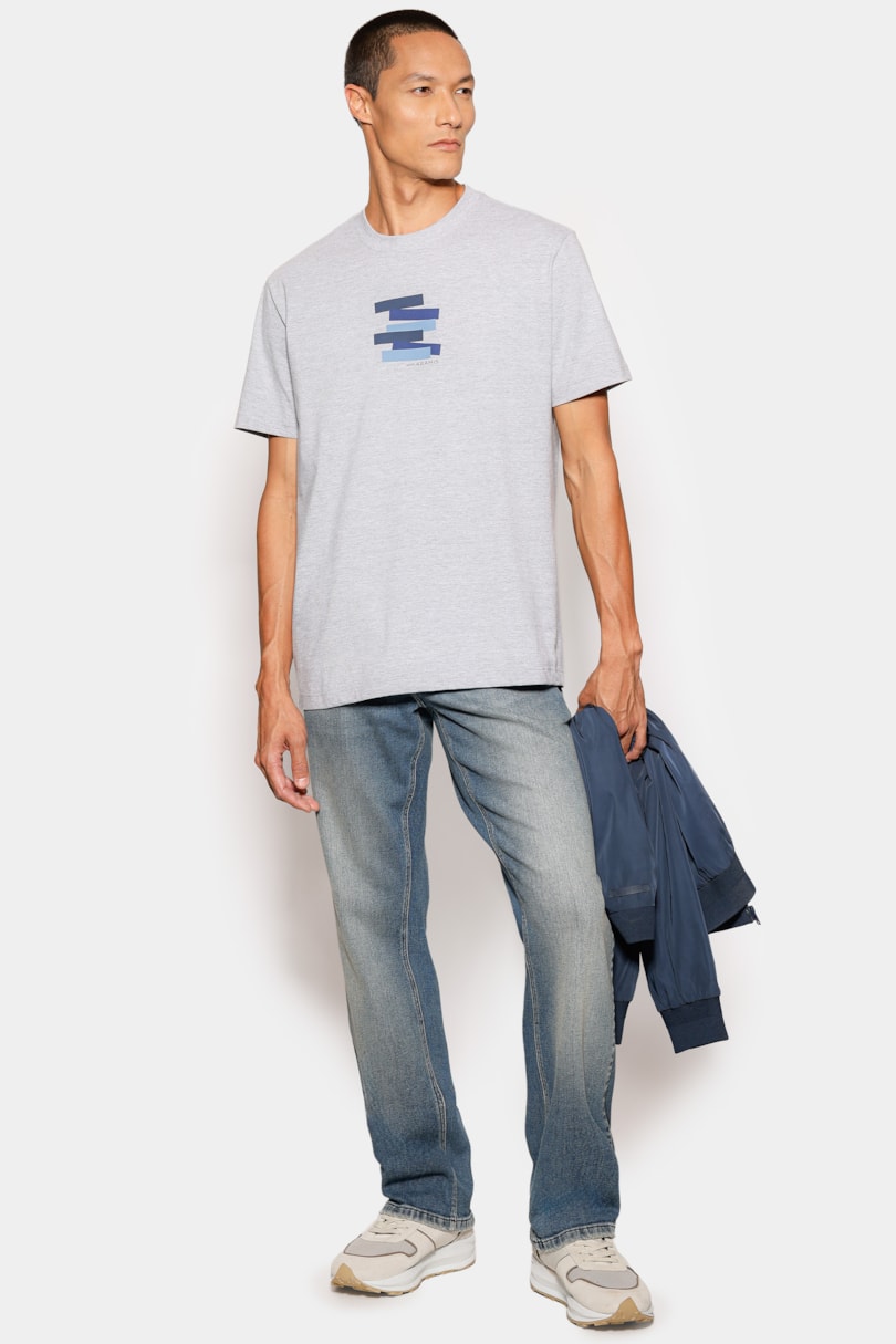 Camiseta Manga Curta Estampa Faixas Cinza Mescla