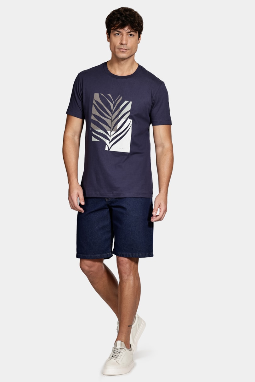 Camiseta Manga Curta Estampa Folhagem Navy