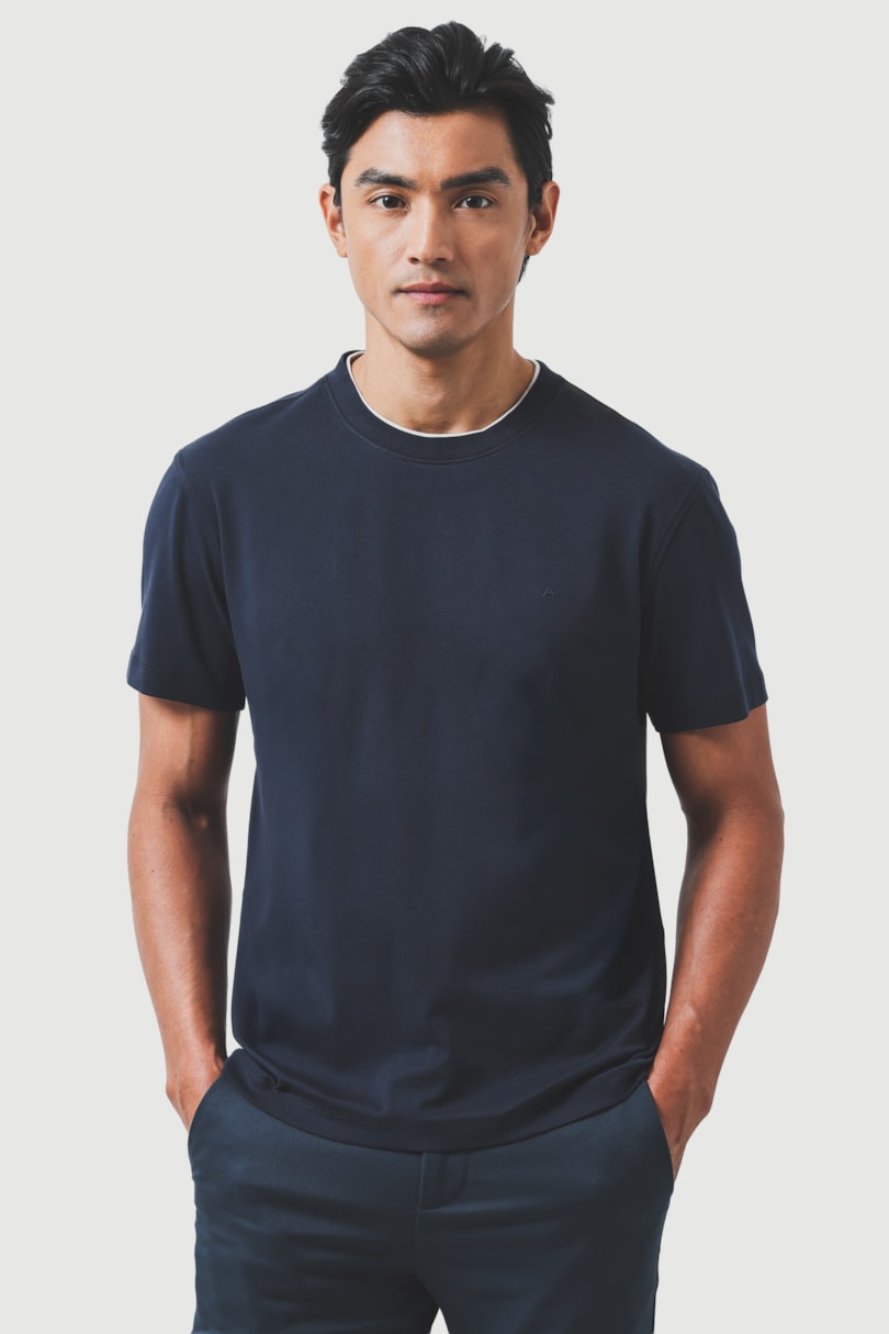 Camiseta Manga Curta Fio 60 Com Detalhe na Gola Marinho