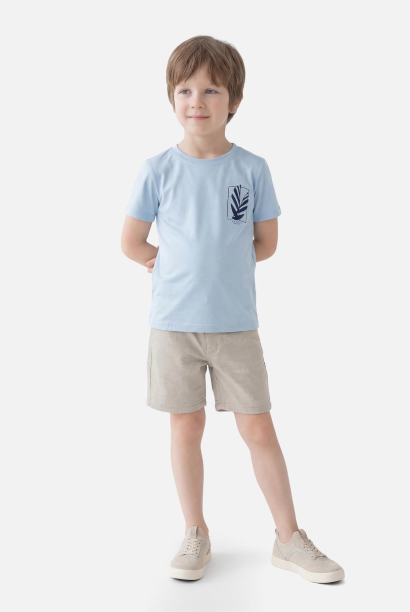 Camiseta Manga Curta Infantil Estampa Folha Geometrica Azul Claro 118