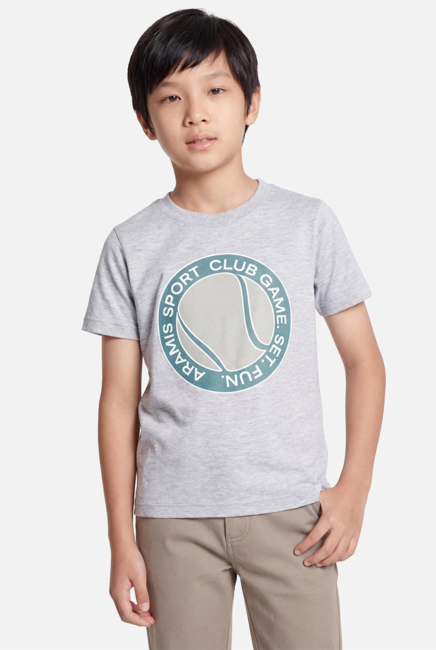 Camiseta Manga Curta Infantil Estampa Logo Tennis Cinza Mescla — foto 1 de 3