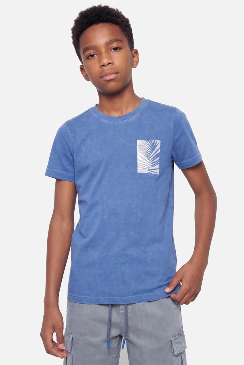 Camiseta Manga Curta Infantil Estonada Folha Azul Royal