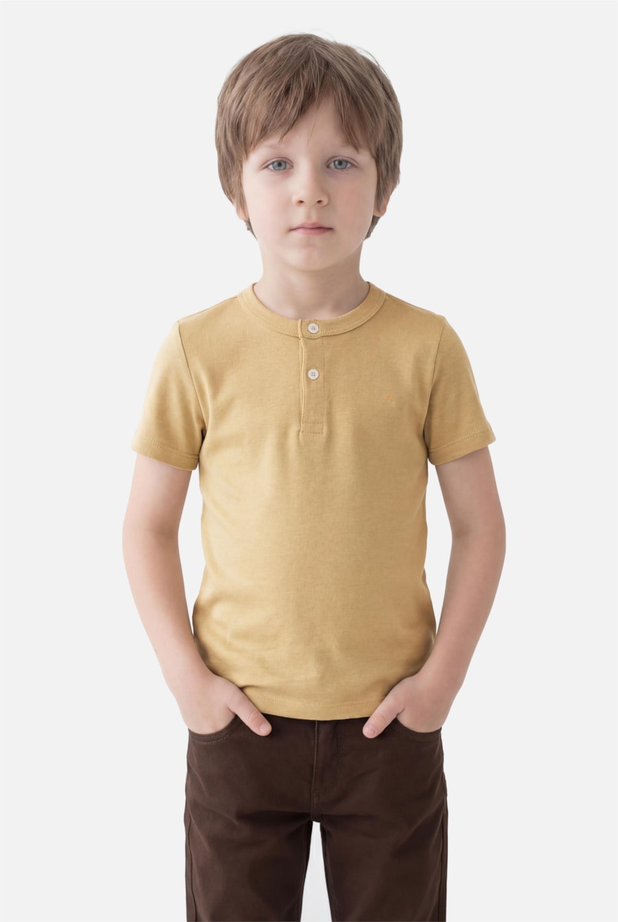 Camiseta Manga Curta Infantil Henley Lisa Camelo — foto 1 de 3