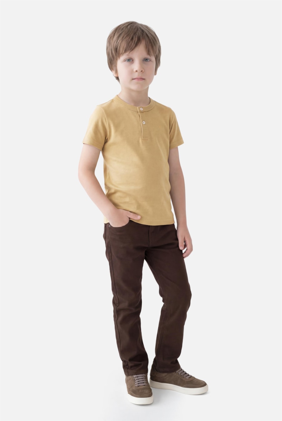 Camiseta Manga Curta Infantil Henley Lisa Camelo — foto 2 de 3