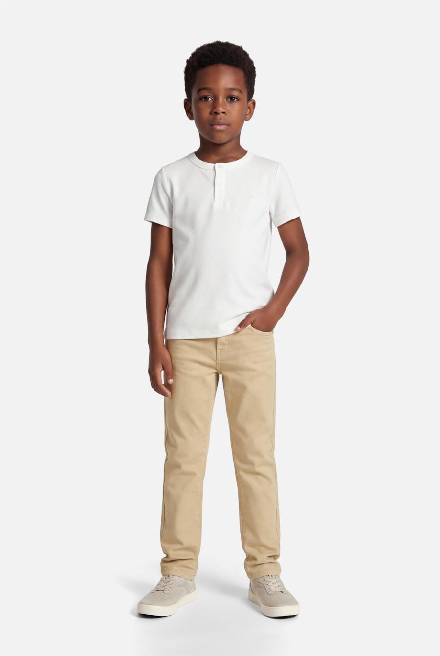 Camiseta Manga Curta Infantil Henley Lisa Off White — foto 2 de 3