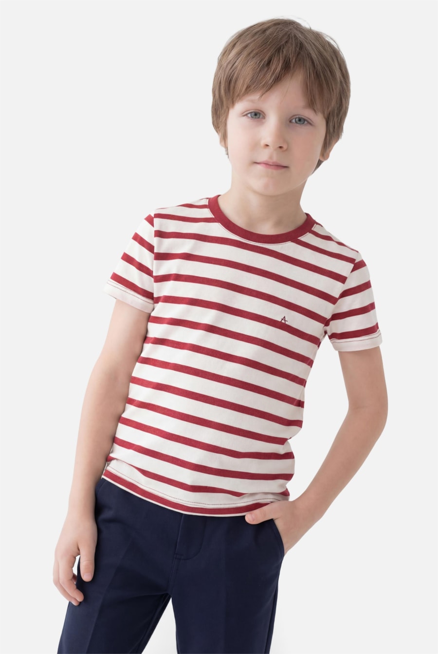 Camiseta Manga Curta Infantil Listrada Fio Tinto Off White C/ Carmim — foto 1 de 3