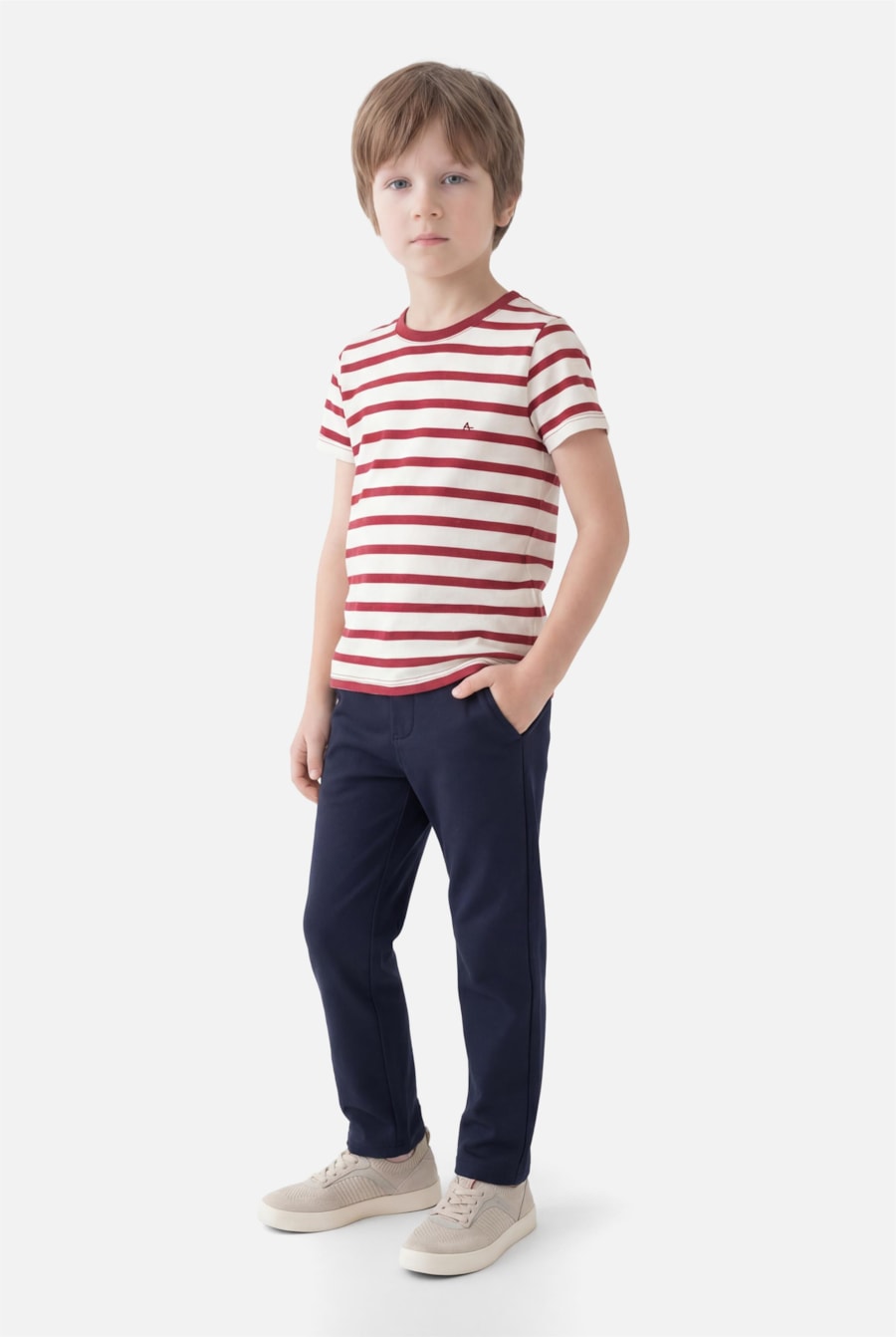 Camiseta Manga Curta Infantil Listrada Fio Tinto Off White C/ Carmim — foto 2 de 3