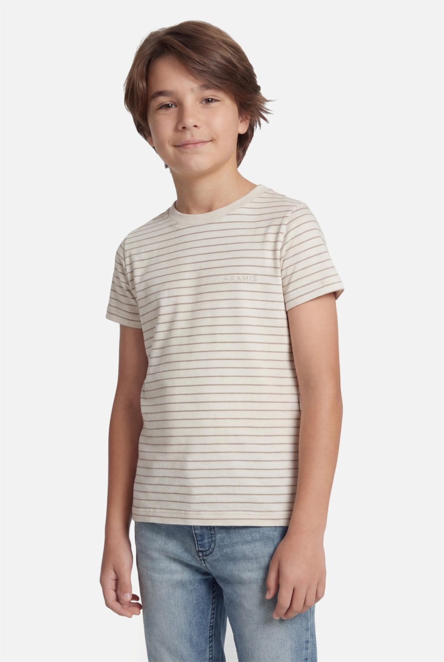 Camiseta Manga Curta Infantil Listras Básica Off White C/Castor — foto 1 de 3
