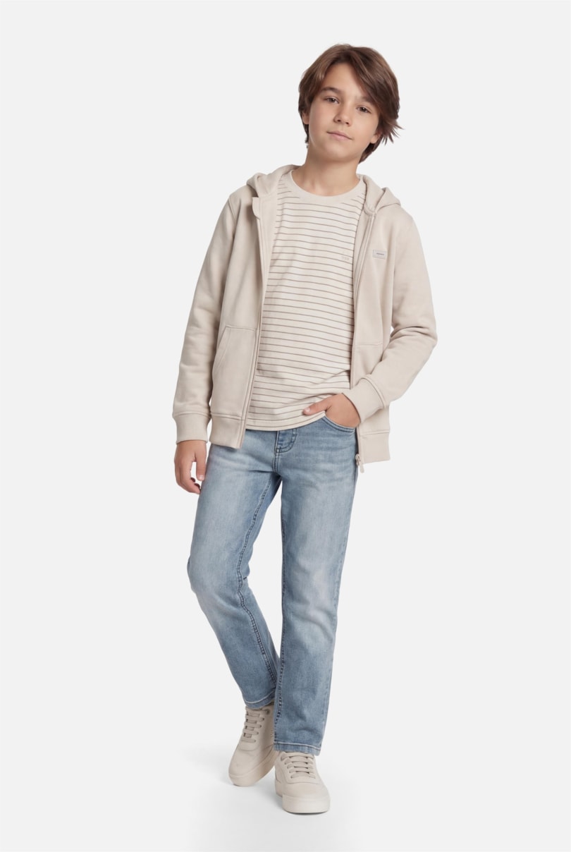 Camiseta Manga Curta Infantil Listras Básica Off White C/Castor
