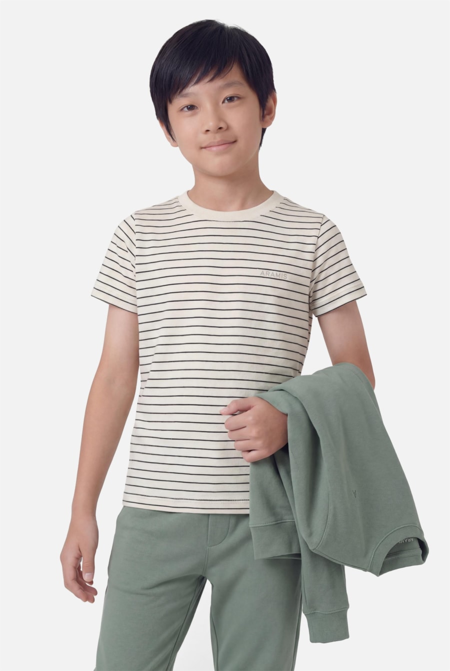 Camiseta Manga Curta Infantil Listras Básica Off White C/Militar — foto 1 de 3