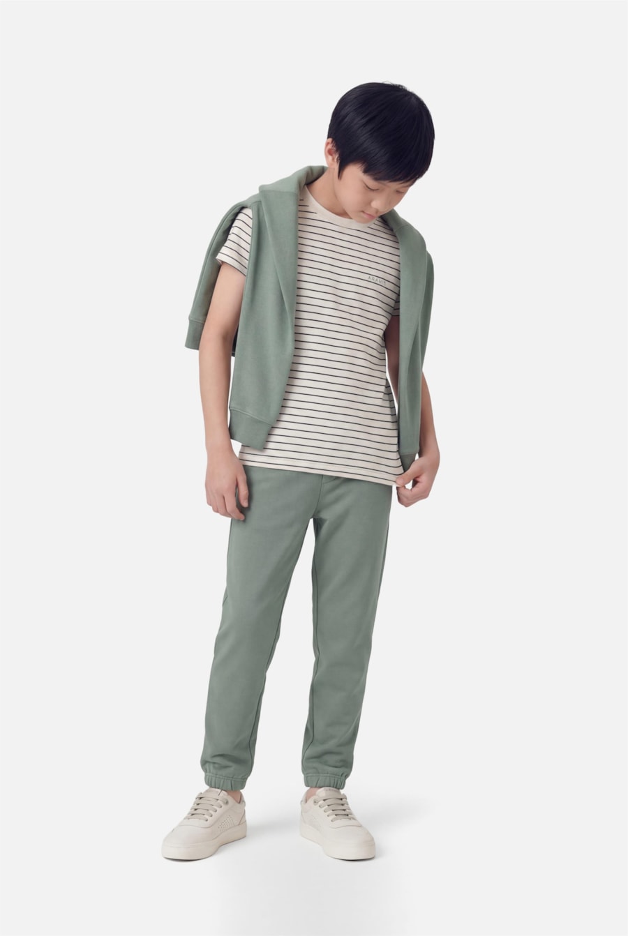 Camiseta Manga Curta Infantil Listras Básica Off White C/Militar — foto 2 de 3