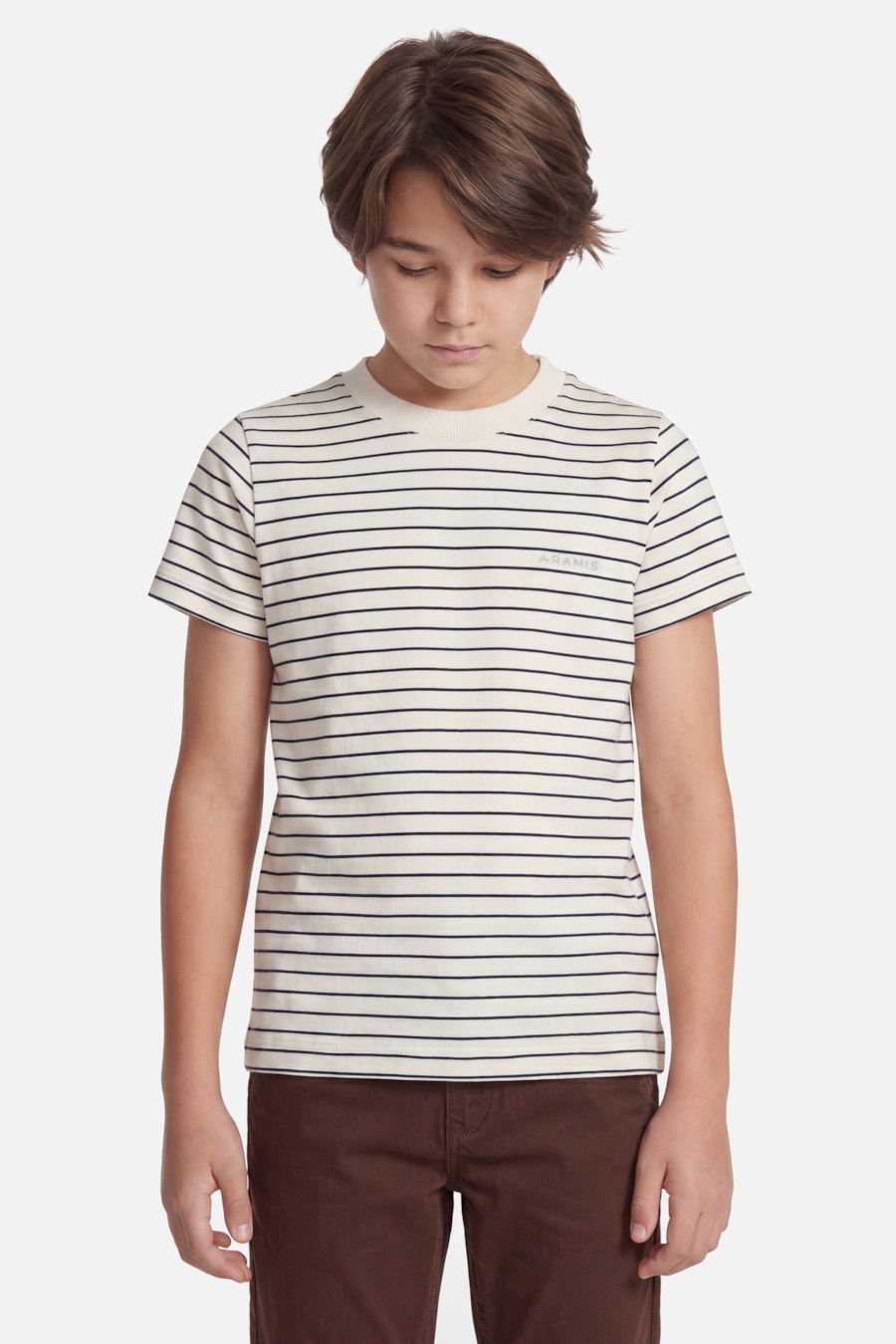 Camiseta Manga Curta Infantil Listras Básica Off White C/ Navy — foto 1 de 3