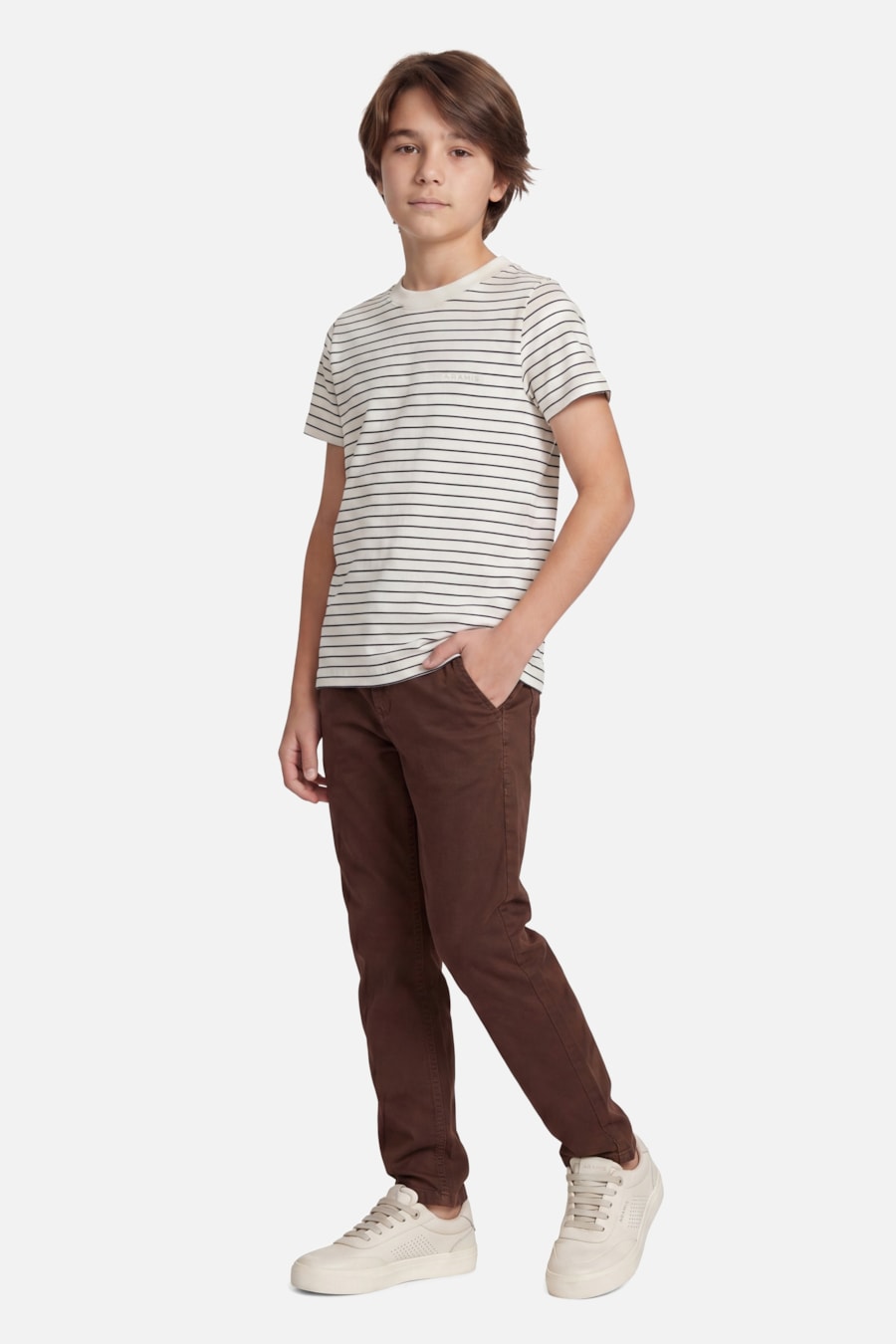Camiseta Manga Curta Infantil Listras Básica Off White C/ Navy — foto 2 de 3