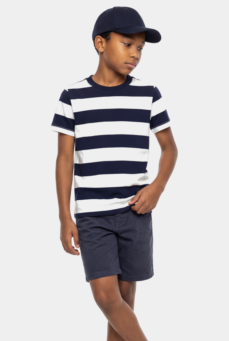Camiseta Manga Curta Infantil Malha Listrada Navy Navy C/ Off White — foto 1 de 6