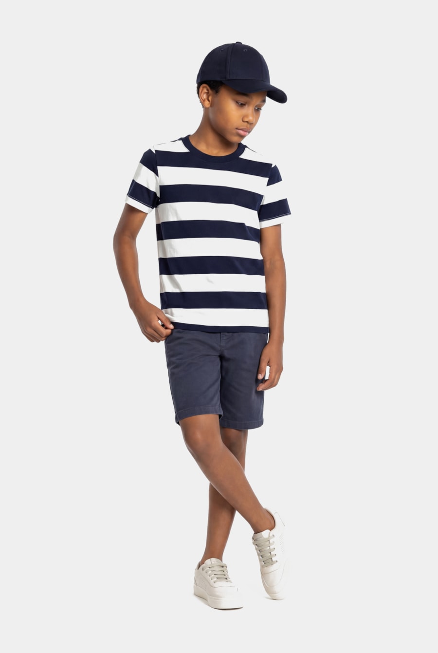 Camiseta Manga Curta Infantil Malha Listrada Navy Navy C/ Off White — foto 2 de 6