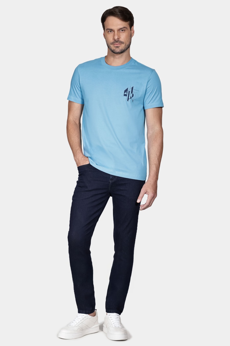 Camiseta Manga Curta Linhas Geométricas Azul Ciano — foto 2 de 5