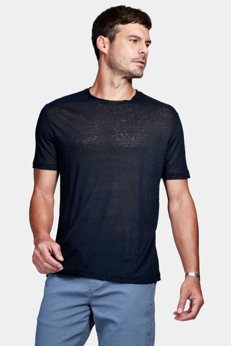 Camiseta Manga Curta Linho Stripe Marinho