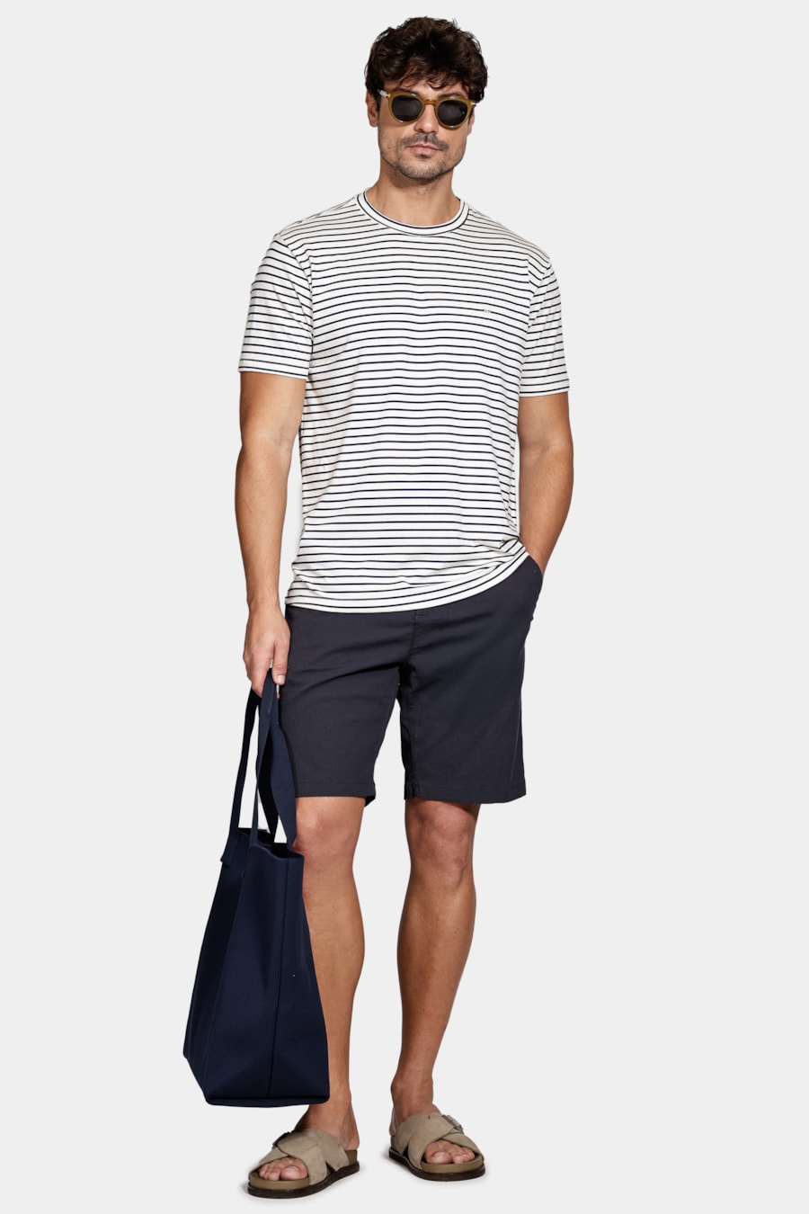 Camiseta Manga Curta Listrada Com Linho Natural C/ Navy — foto 2 de 5