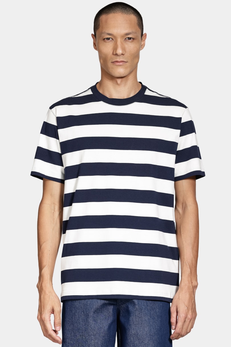 Camiseta Manga Curta Listrada de Algodão Navy C/ Off White