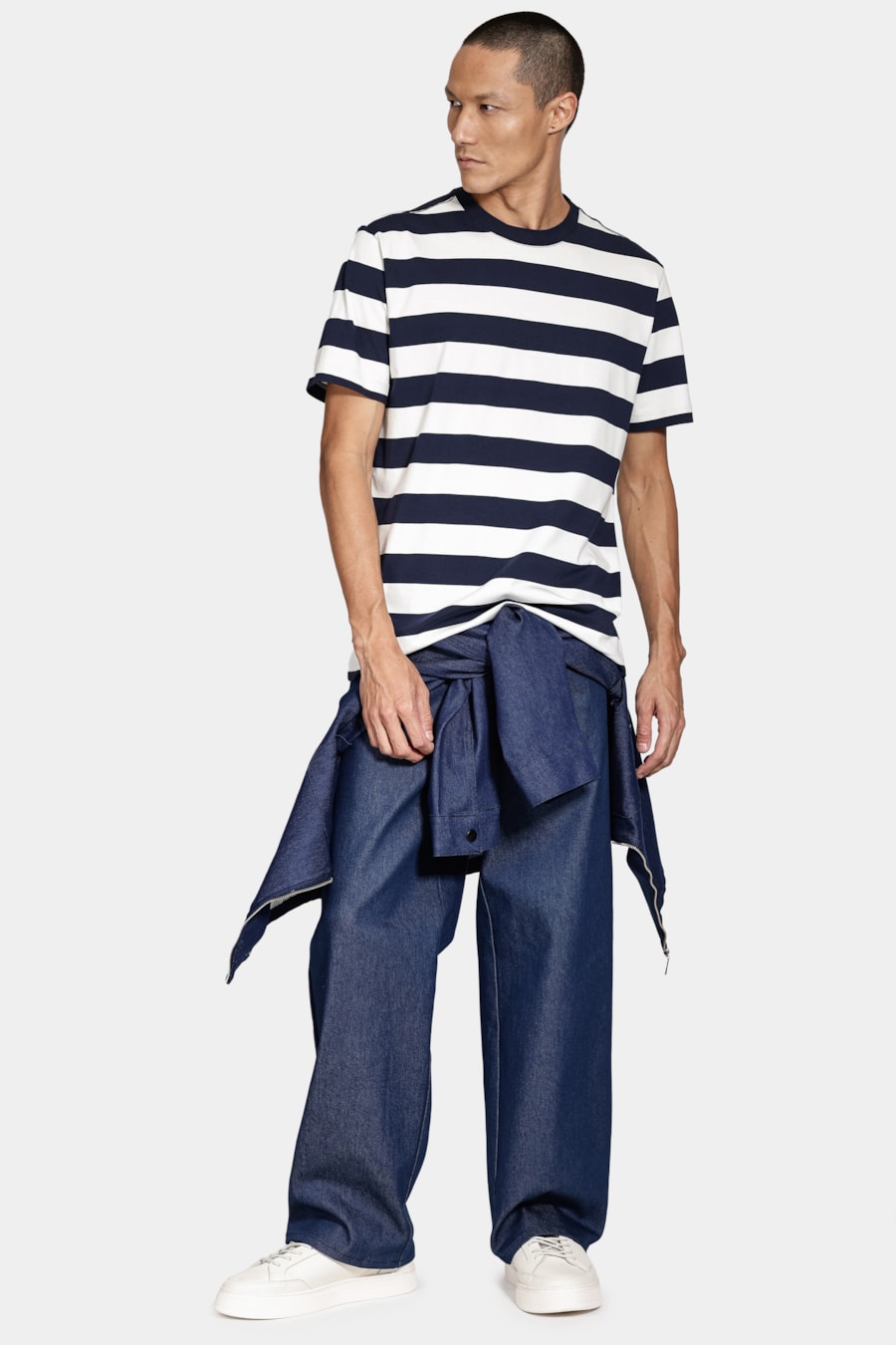 Camiseta Manga Curta Listrada de Algodão Navy C/ Off White — foto 2 de 7