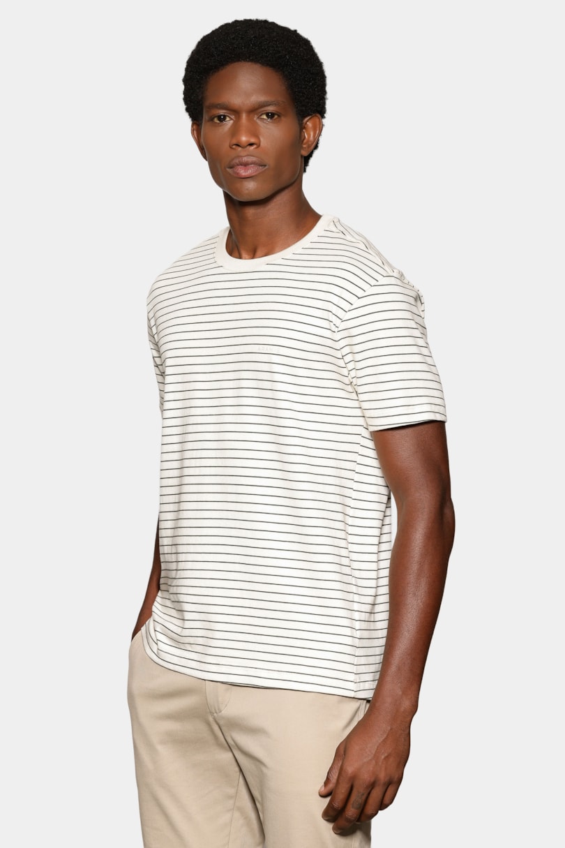 Camiseta Manga Curta Listras Básica Off White C/ Militar
